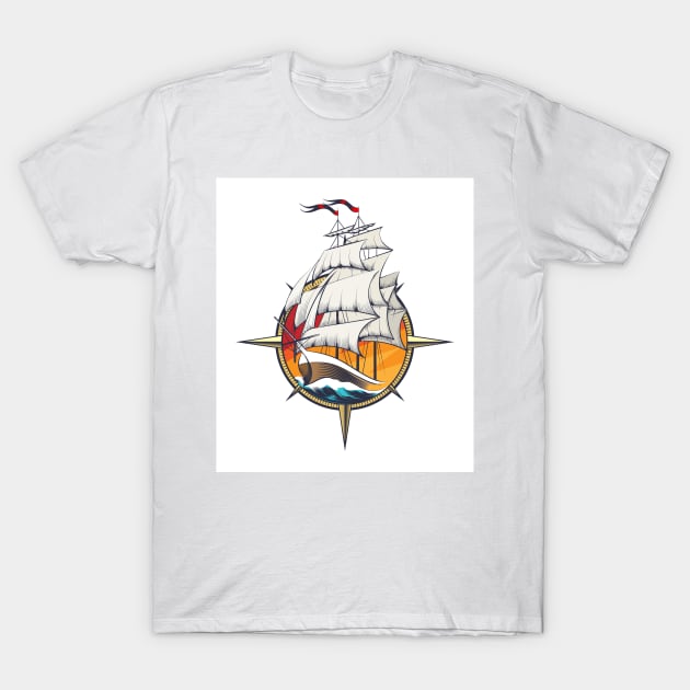 Sailing Ship Inside Wind Rose T-Shirt by devaleta